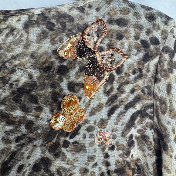 VTG Dana Buchman Brown Leopard Print Top W/ Sequin Butterfly Embellishments Sz S - Picture 9 of 11